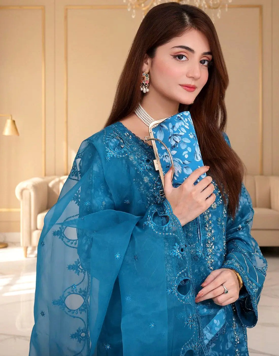 Haleema Semi-Stitched Premium Embroidered Zinc Blue Organza Party Dress with Matching Cutch Bag
