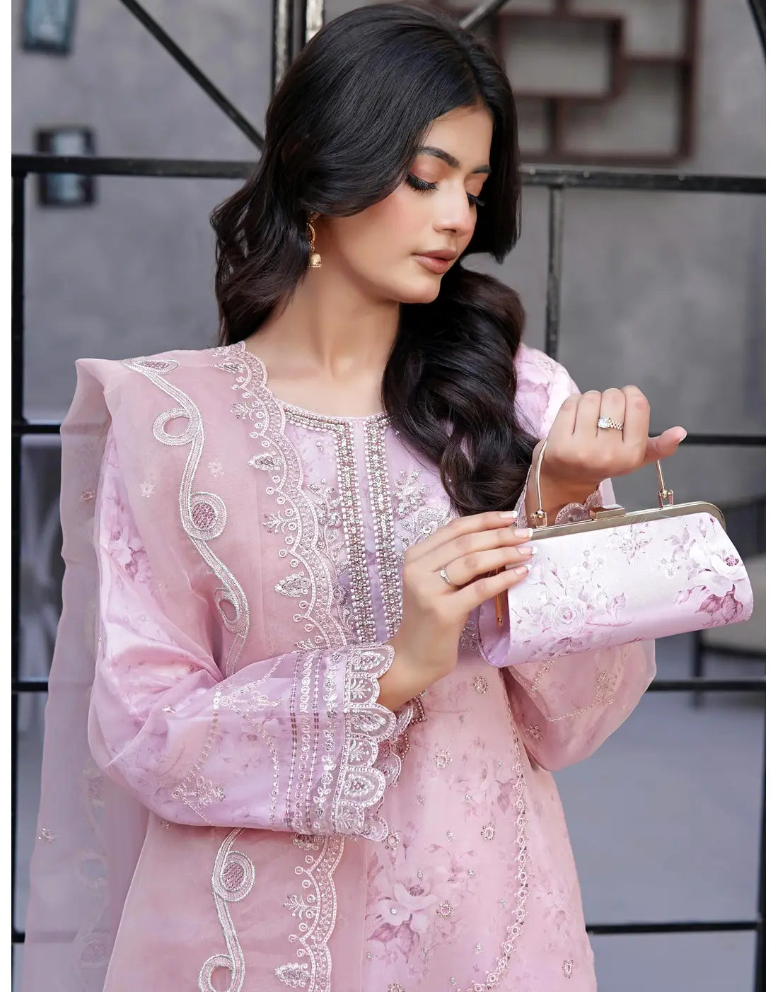 Naaira Semi-Stitched Embroidered Pink Organza Party Dress with Complimentary Clutch Bag