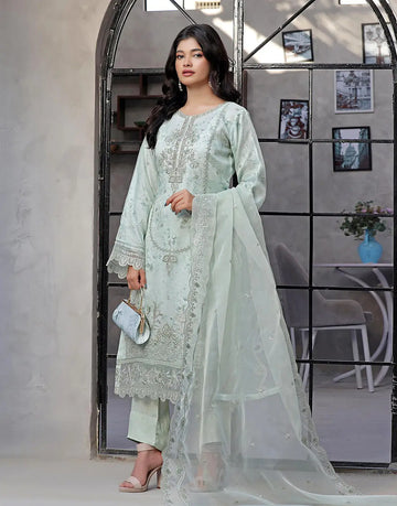Naaira Semi-Stitched Embroidered Light Green Organza Party Dress with Complimentary Clutch Bag