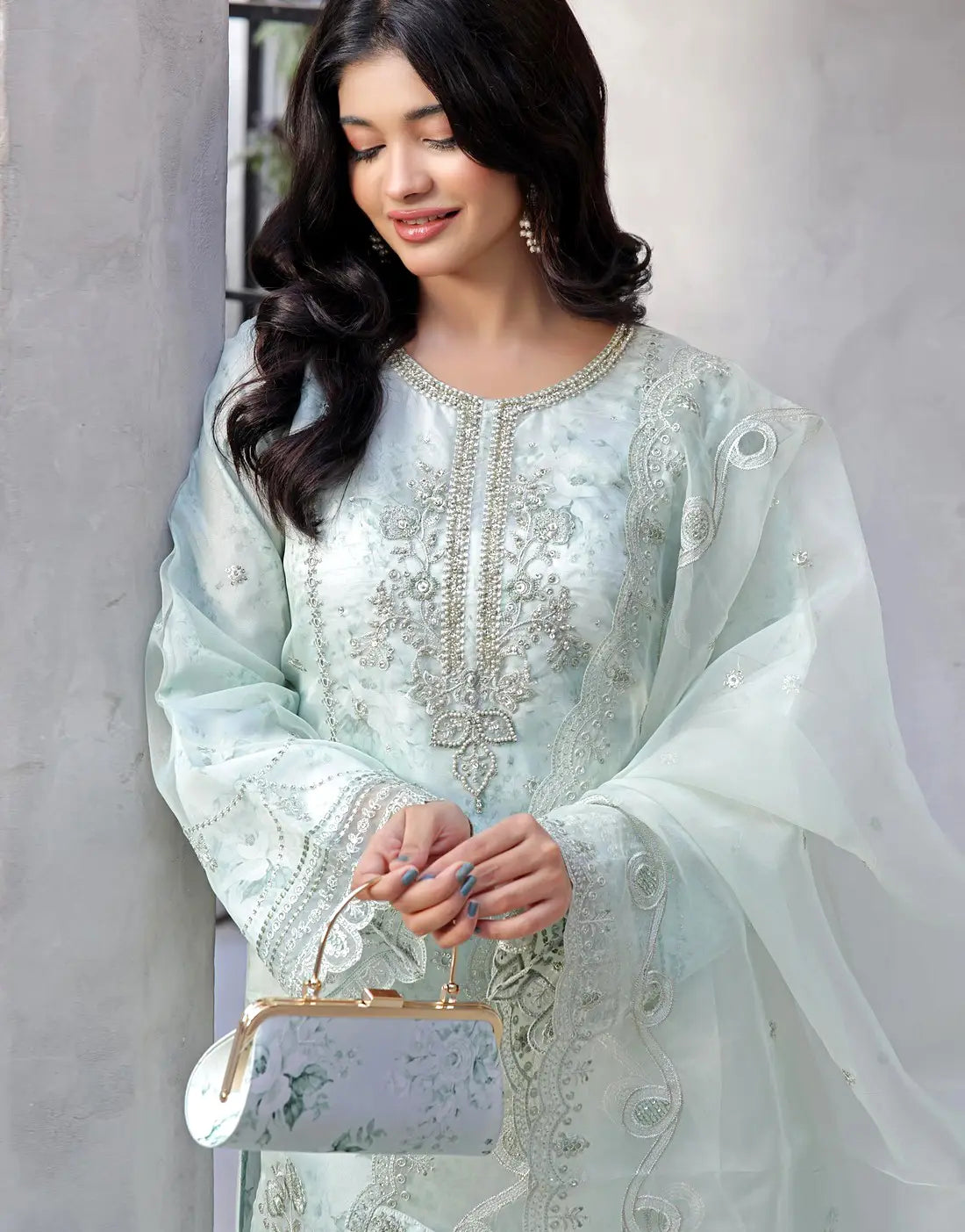 Naaira Semi-Stitched Embroidered Light Green Organza Party Dress with Complimentary Clutch Bag