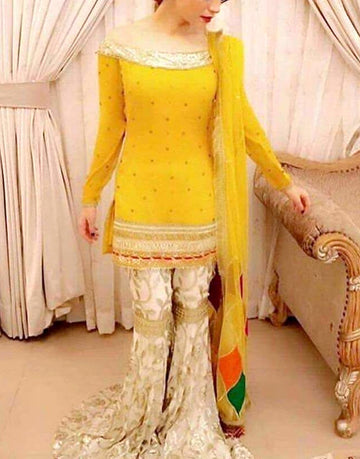 Embroidered Chiffon Yellow Mehndi Dress