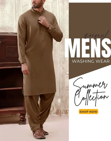 Italian Boski Camel Brown Wash & Wear Men’s Shalwar Kameez – Unstitched Formal & Eid Suit