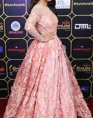 Handwork & Heavy Embroidered Pink Net Maxi Dress