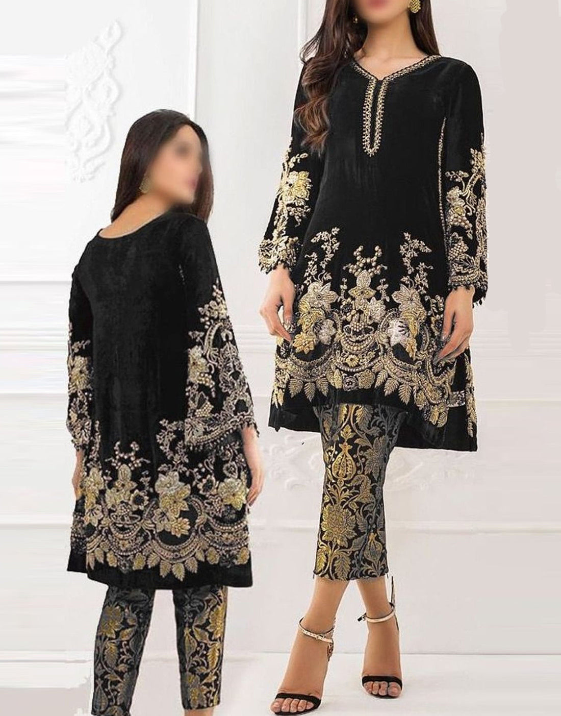 Heavy Embroidered Black 3-Piece Velvet Dress with Net Dupatta