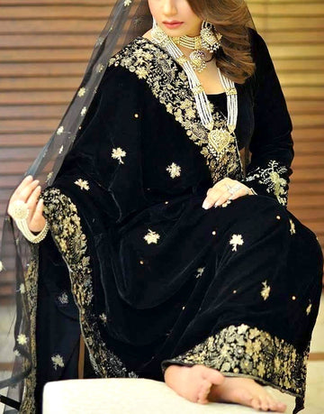 Elegant Embroidered Black Bridal Velvet Shawl