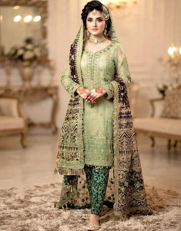 Luxury Embroidered and Hand Embellished Net Wedding Dress with Emb. Net Shawl