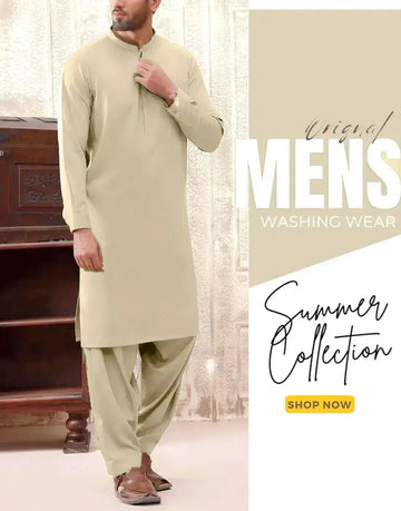 Italian Boski Light Beige Wash & Wear Men’s Shalwar Kameez – Unstitched Formal & Eid Suit