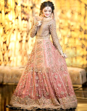 Heavy Embroidered Blush Pink Net Maxi Dress for Brides & Formal Parties
