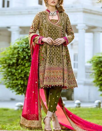 Heavy Embroidered Chiffon Mehndi Outfit with Silk Embroidered Trouser