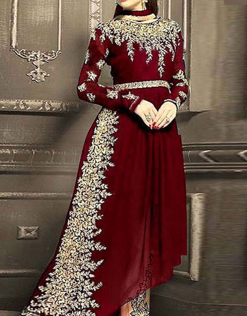 Indian Embroidered Maroon Chiffon Frock with Chiffon Dupatta