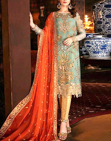 Heavy Mirror Work Embroidery Chiffon Wedding Dress with 4-Side Embroidered Dupatta