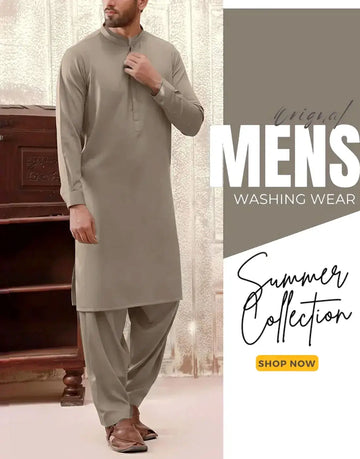 Italian Boski Light Brown Blue Wash & Wear Men’s Shalwar Kameez – Unstitched Formal & Eid Suit