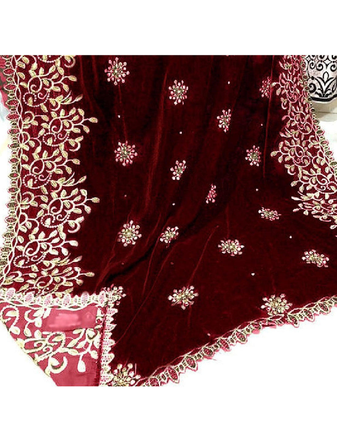 Heavy Embroidered Cutwork Maroon Bridal Velvet Shawl