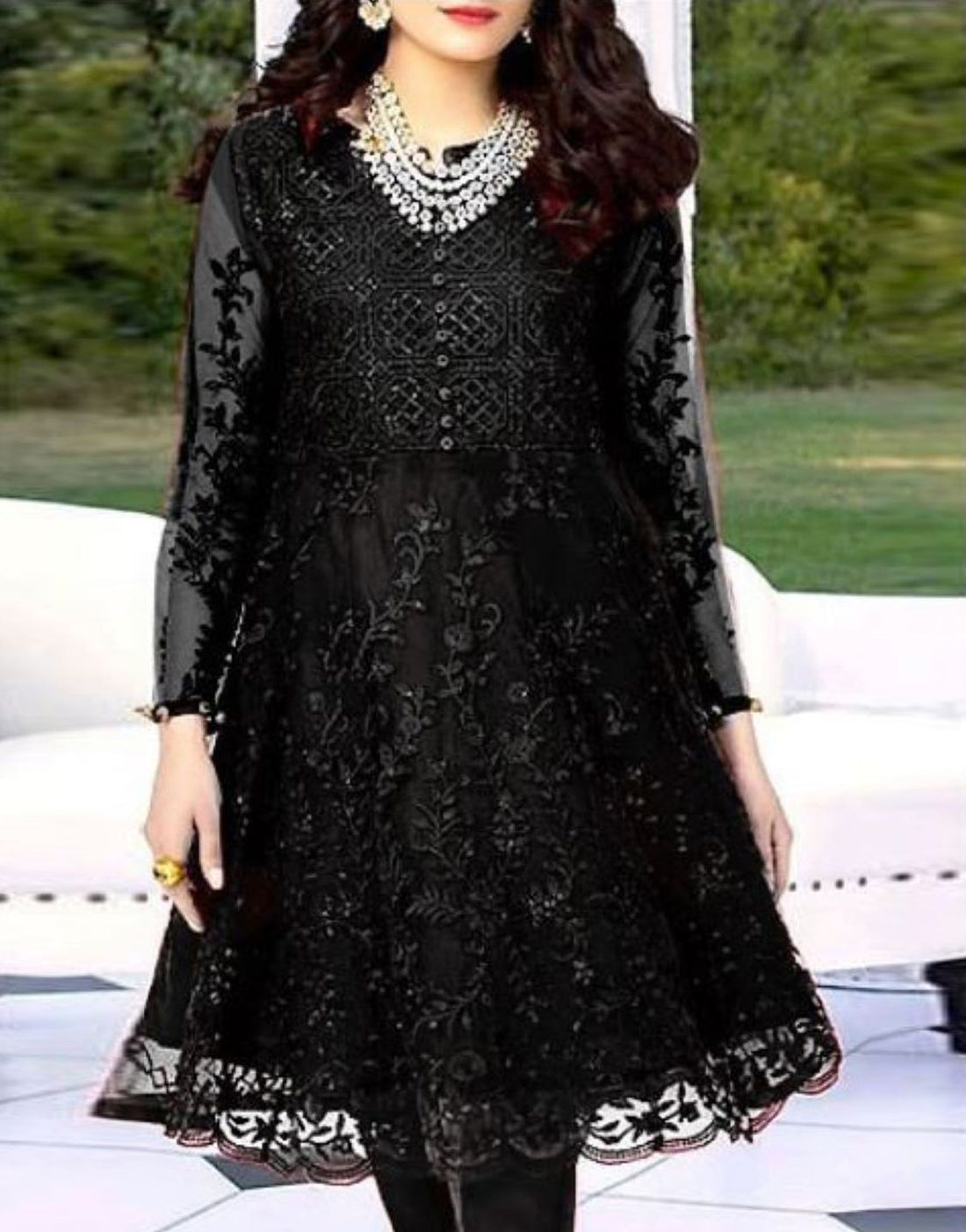 2-Piece Embroidered Black Net Party Wear Dress