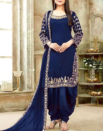 Indian Embroidered & Mirror Work Navy Blue Chiffon Dress