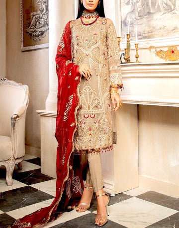 Embroidered Grey Chiffon Dress with Red Chiffon Dupatta