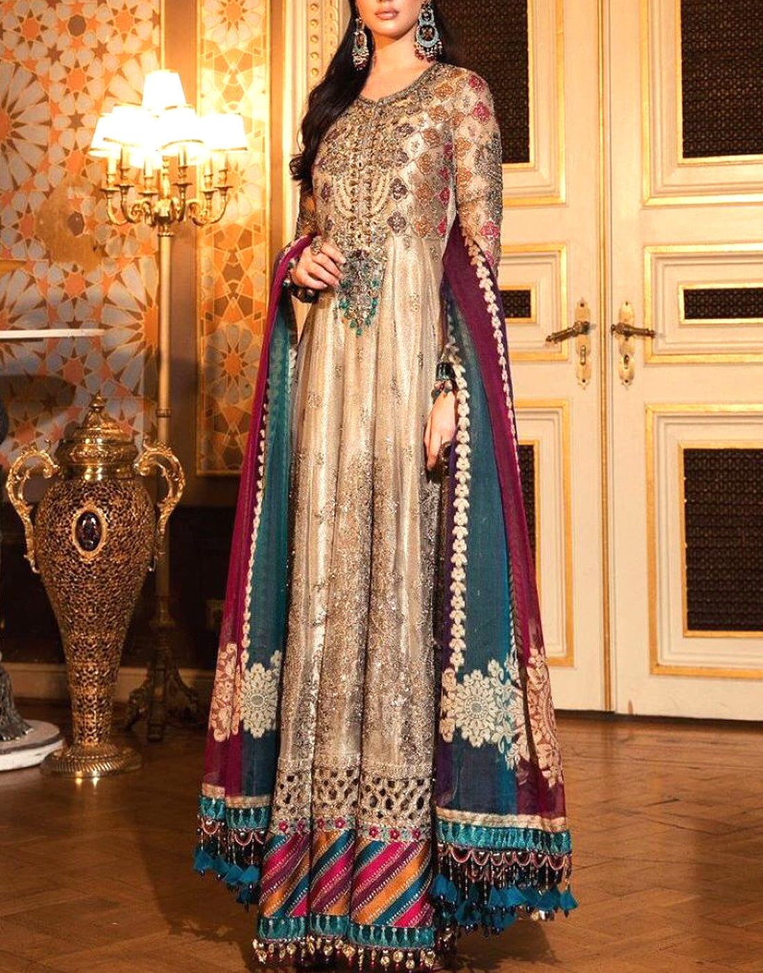 Heavy Embroidered Net Maxi Dress with Chiffon Dupatta