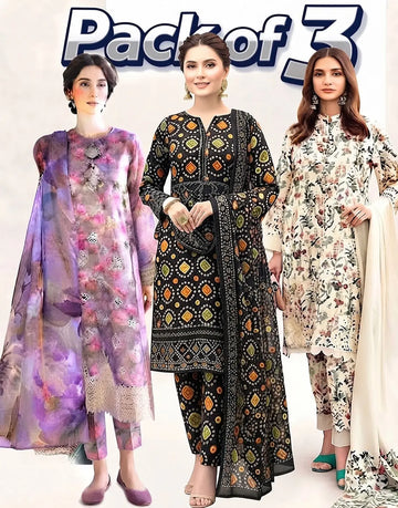 Bundle of 3 Embroidered 3-Piece Lawn Suits Wholesale