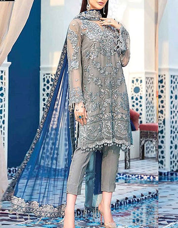 Intricately Embroidered Grey Net Bridal Dress for Wedding & Formal Wear