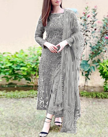 Luxury Heavy Embroidered Grey Net Party Wear Dress