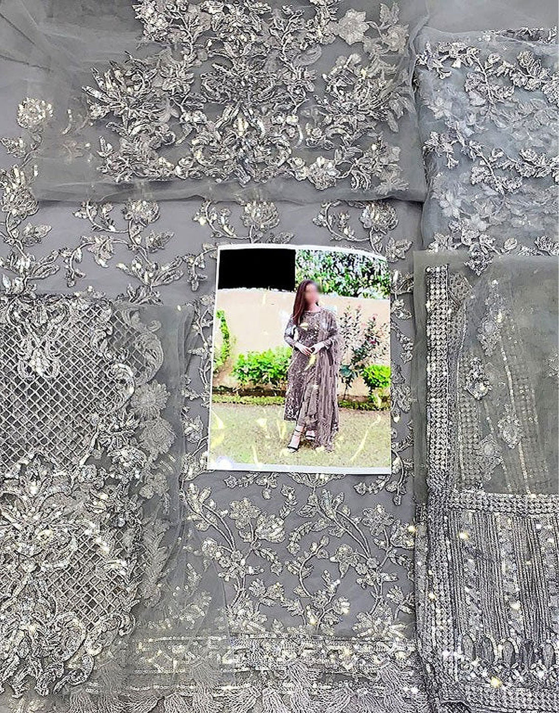 Luxury Heavy Embroidered Grey Net Party Wear Dress