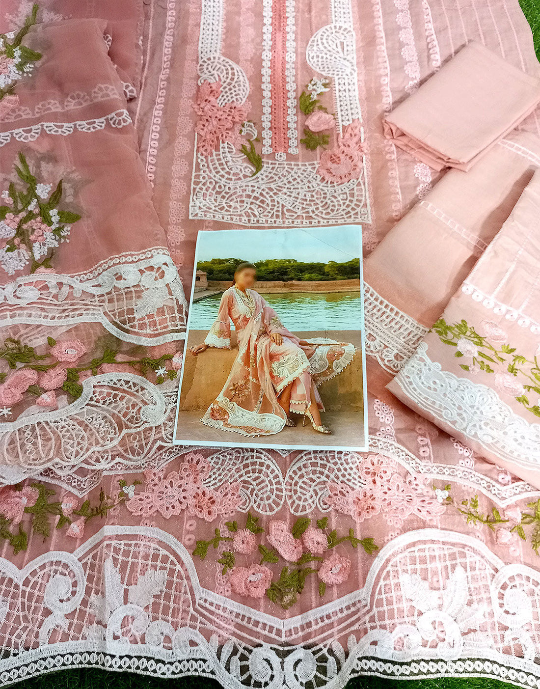 Luxury Schiffli Embroidered Pink Cotton Lawn Dress with 4-Side Emb. Chiffon Dupatta