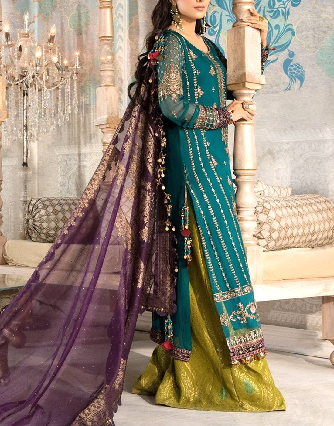 Heavy Embroidered Zinc Green Chiffon Wedding Party Dress - Most Demanding Design