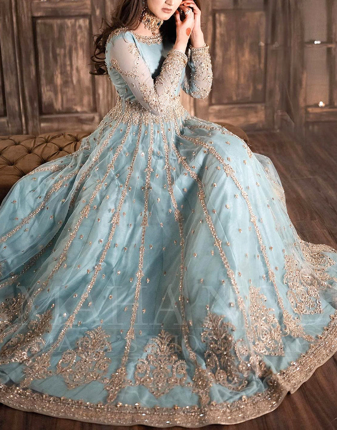 Heavy Embroidered & Mirror Work Blue Net Bridal Maxi Dress