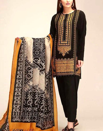 Heavy Embroidered Khaddar Dress with Wool Shawl Dupatta