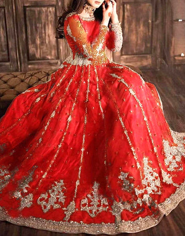 Mirror Work Heavy Embroidered Red Net Bridal Maxi Dress