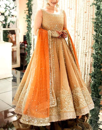 Elegant Mirror Embellished Embroidered Net Maxi Dress for Parties & Weddings