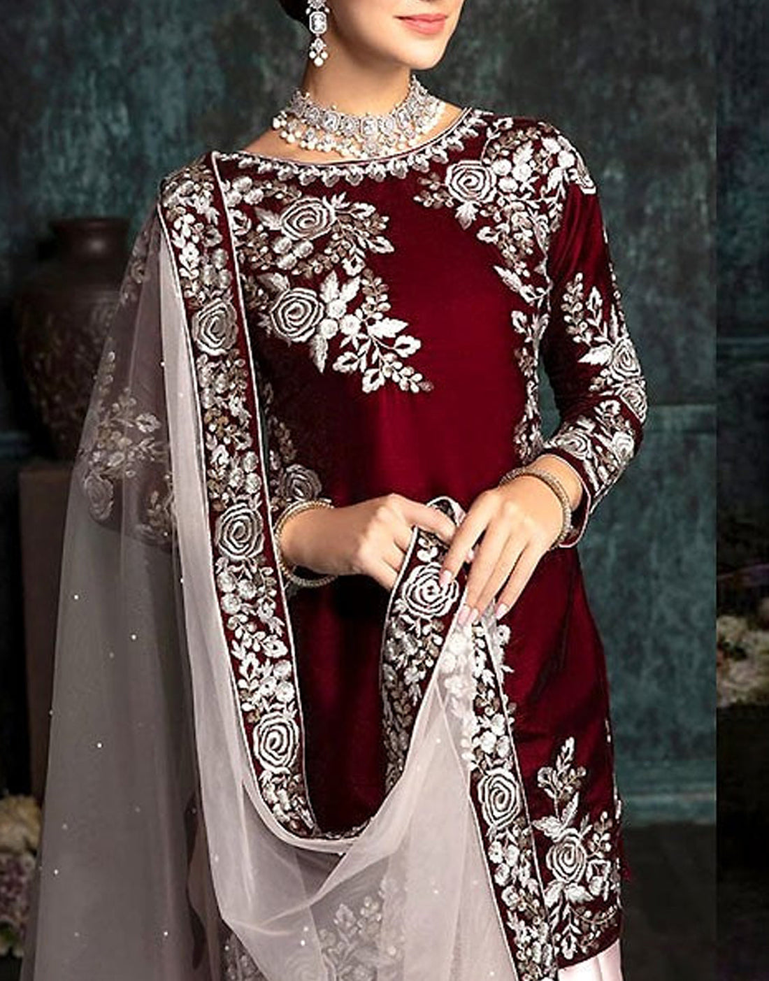 Fancy Embroidered Maroon Silk Party Wear Suit