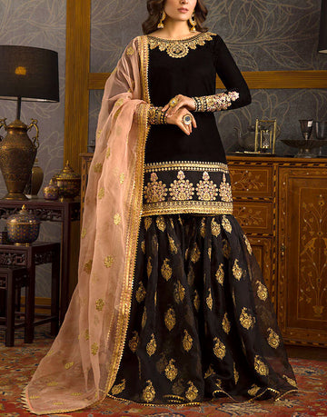 Graceful Embroidered Black Chiffon Party Wear Dress with Organza Dupatta