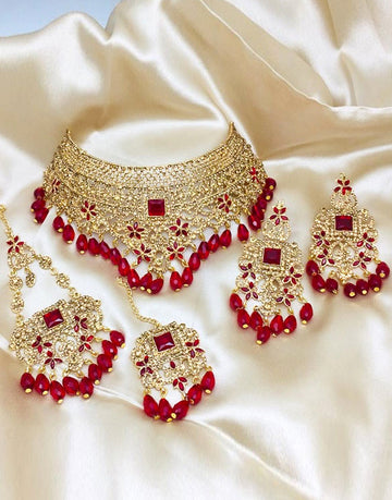 Ethnic Bridal Collar Choker Necklace Set with Earrings, Jhumar and Tikka
