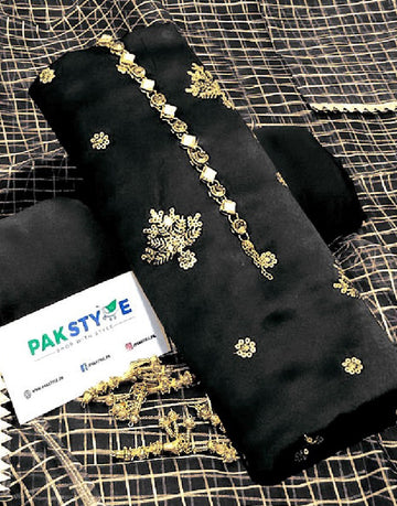 Fancy Embroidered Black Shamoz Silk Party Wear Dress with Shamoz Silk Trouser