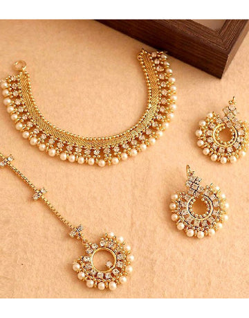Elegant Pearl Golden Jewelry Set with Earrings & Tikka
