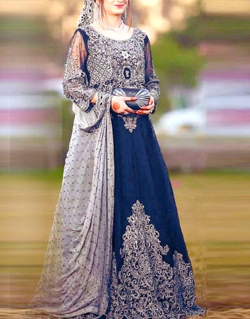 Handwork Heavy Embroidered Navy Blue Chiffon Maxi Dress