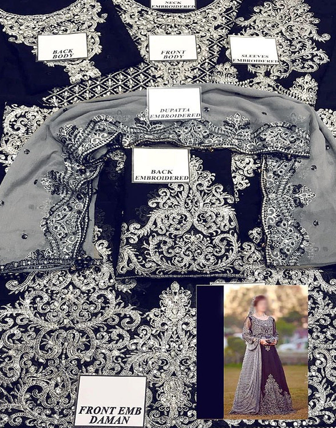 Handwork Heavy Embroidered Navy Blue Chiffon Maxi Dress
