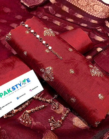 Banarsi Style Embroidered Raw Silk Dress with Organza Jacquard Dupatta