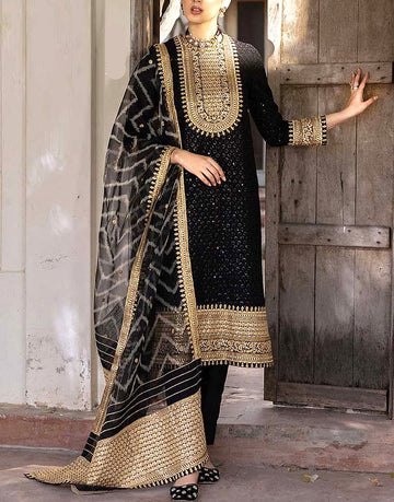 Heavy Embroidered Black Chiffon Party Wear Dress