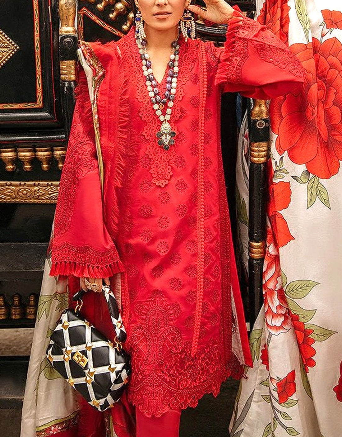 Luxury Schiffli Embroidered Lawn Dress with Digital Print Silk Dupatta