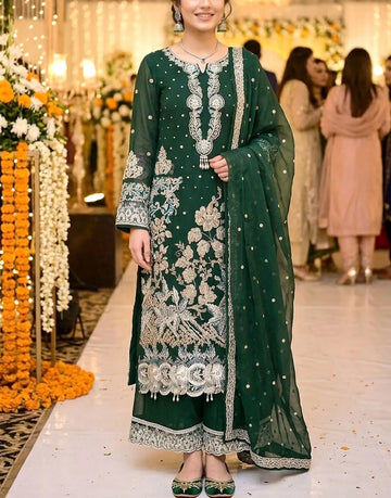 Heavy Embroidered with Handwork Bottle Green Chiffon Wedding Dress