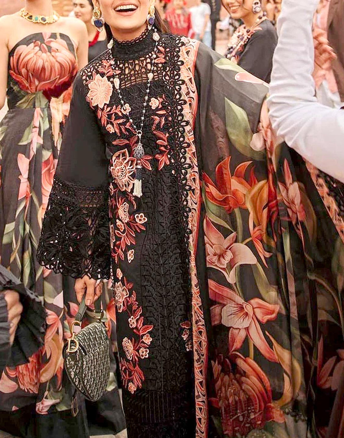 Luxury Schiffli Embroidered Black Lawn Dress with Digital Print Silk Dupatta