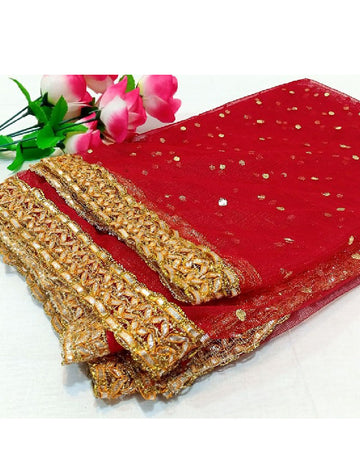 Gota Lace Net Dupatta - Red