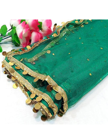 Fancy Coin Lace Net Dupatta - Zinc Green