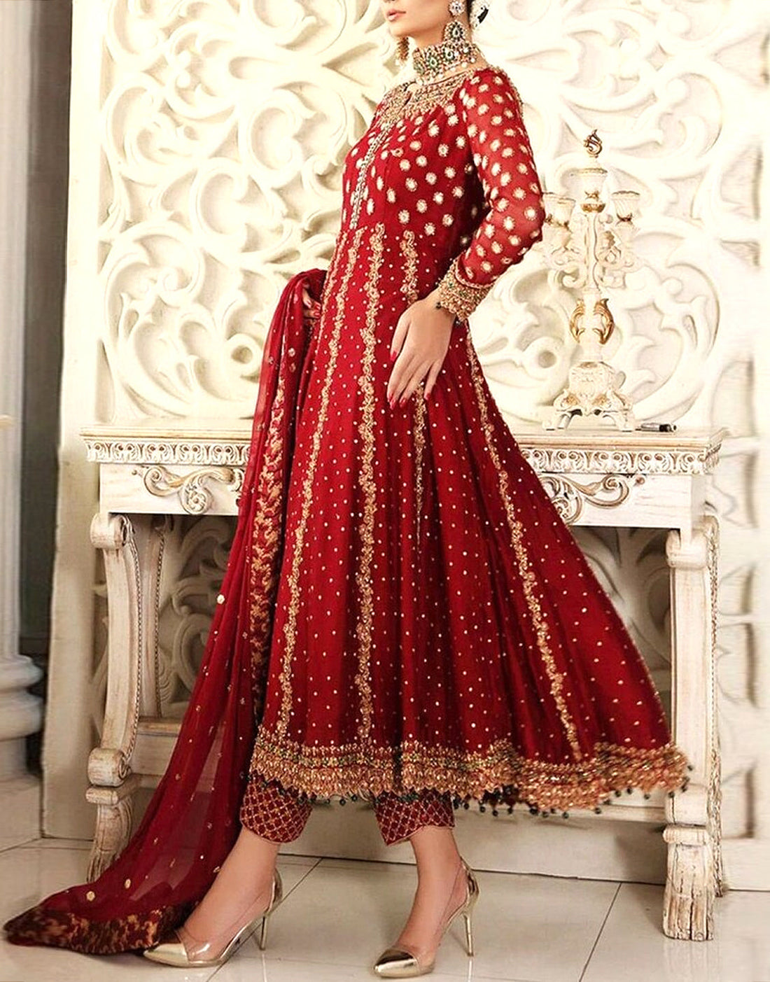 Luxury Embroidered with Mirror & Handwork Chiffon Bridal Dress