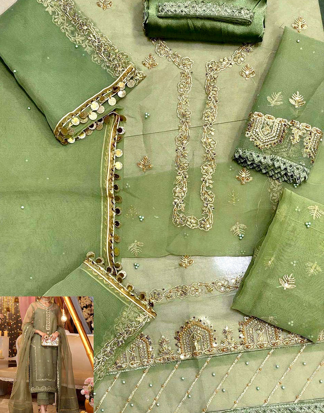 Handwork Embroidered Organza Party Wear Dress with Inner