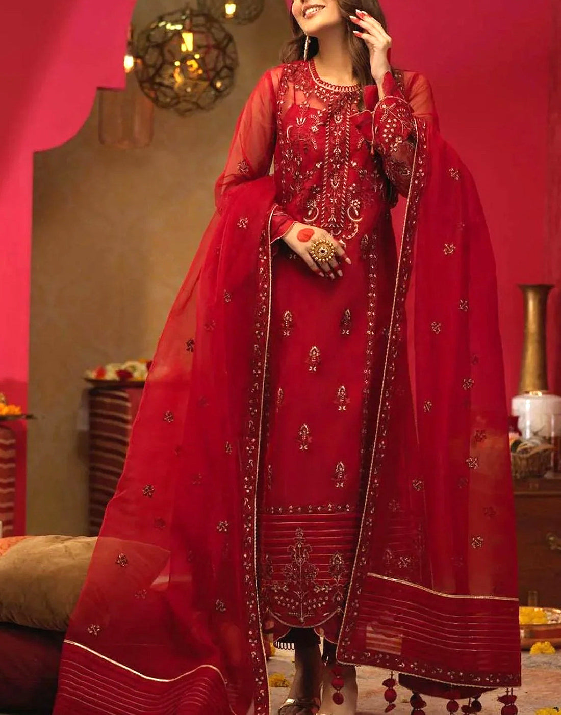 Handwork Heavy Embroidered Organza Wedding Dress with Inner