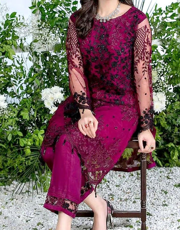 2-Piece Fancy Embroidered Magenta Net Party Wear Dress