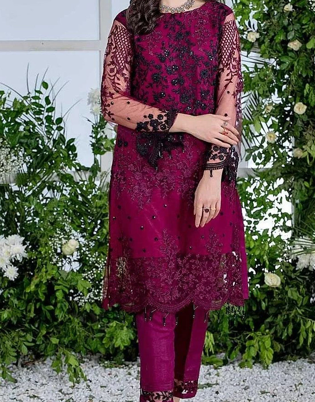2-Piece Fancy Embroidered Magenta Net Party Wear Dress